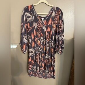 Uncle Frank Ikat Boho Tunic Dress Hi Low Rayon Silk L